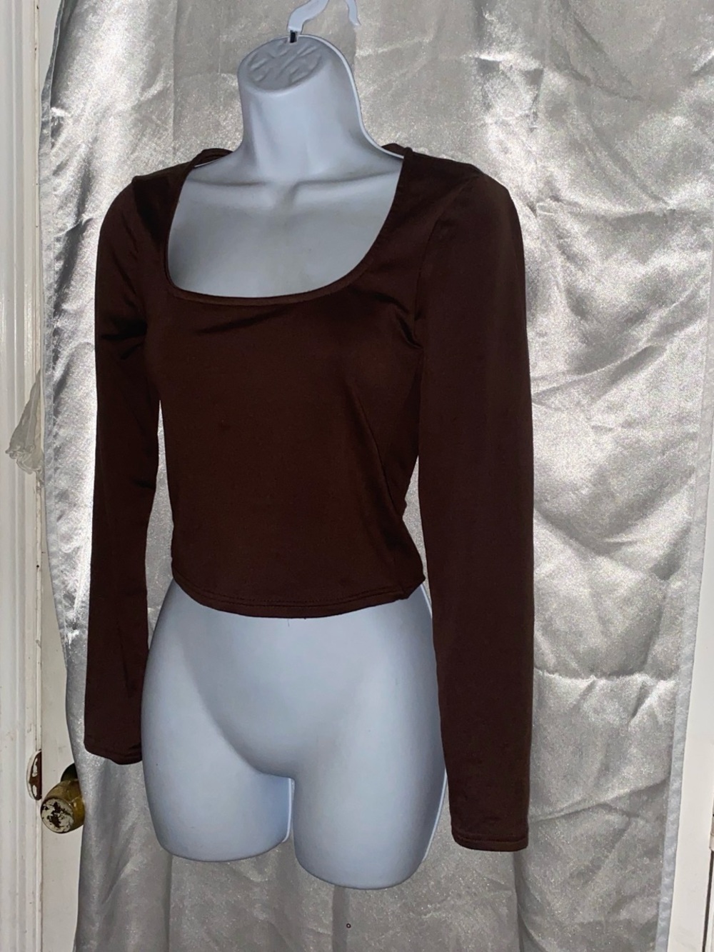 Square Neck Long-Sleeve Crop Top in Brown